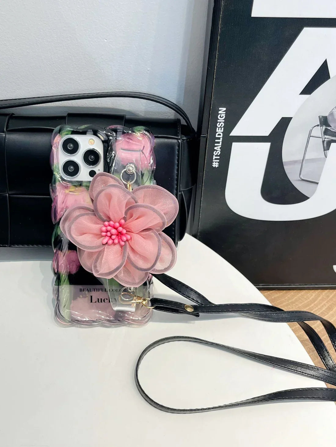 Icy Black Pink Flower Wristband iPhone Case with Messenger Strap
