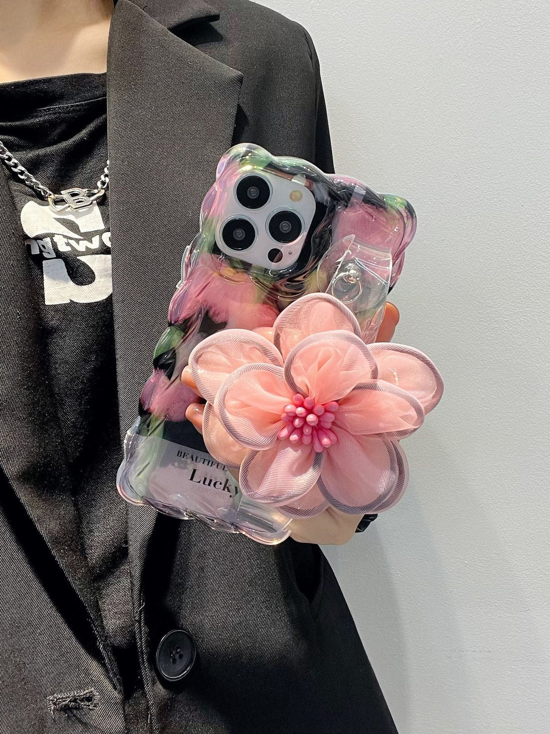 Icy Black Pink Flower Wristband iPhone Case with Messenger Strap